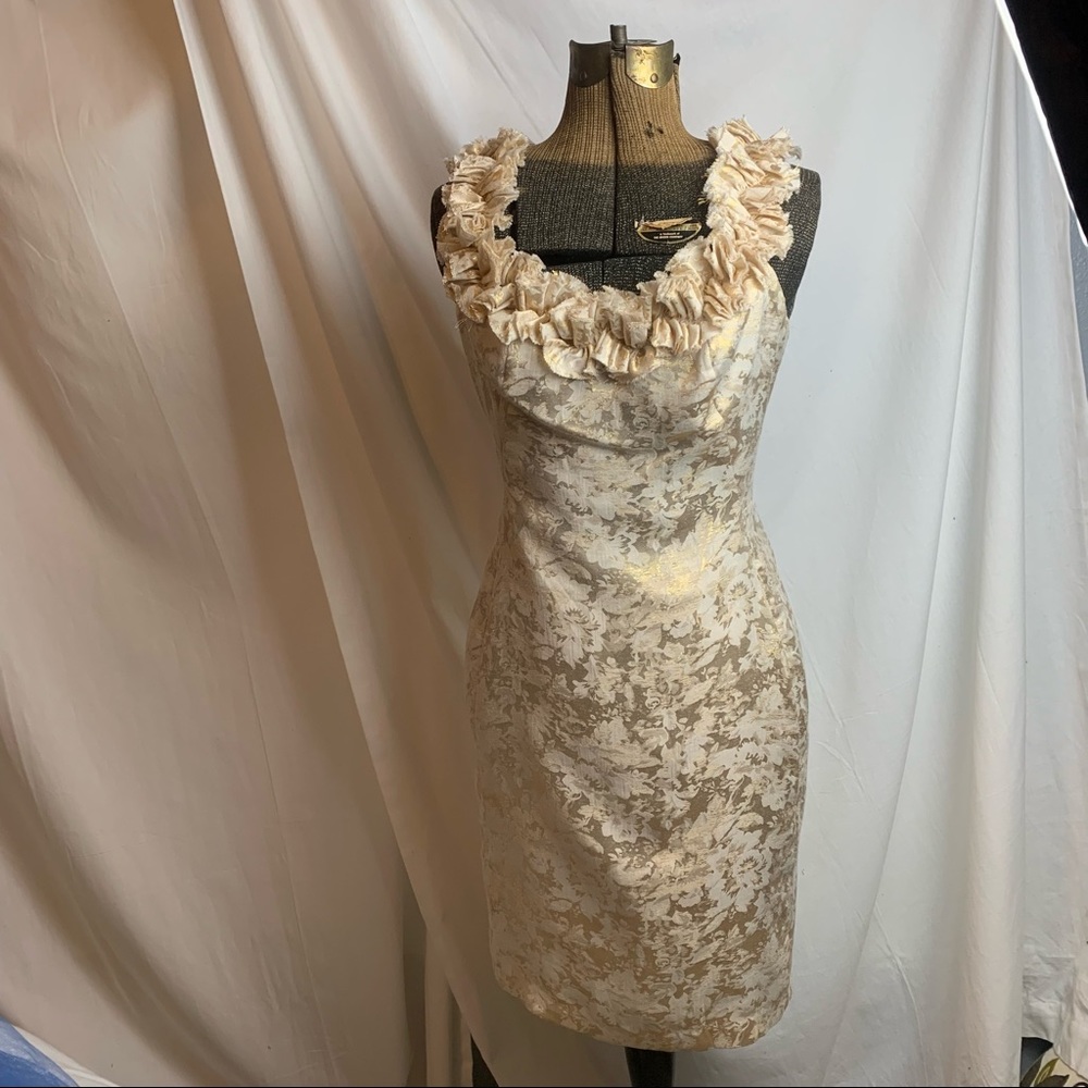 Maggy L Gold Ivory Floral Brocade Ruffle Neckline Cocktail Dress SIZE 6